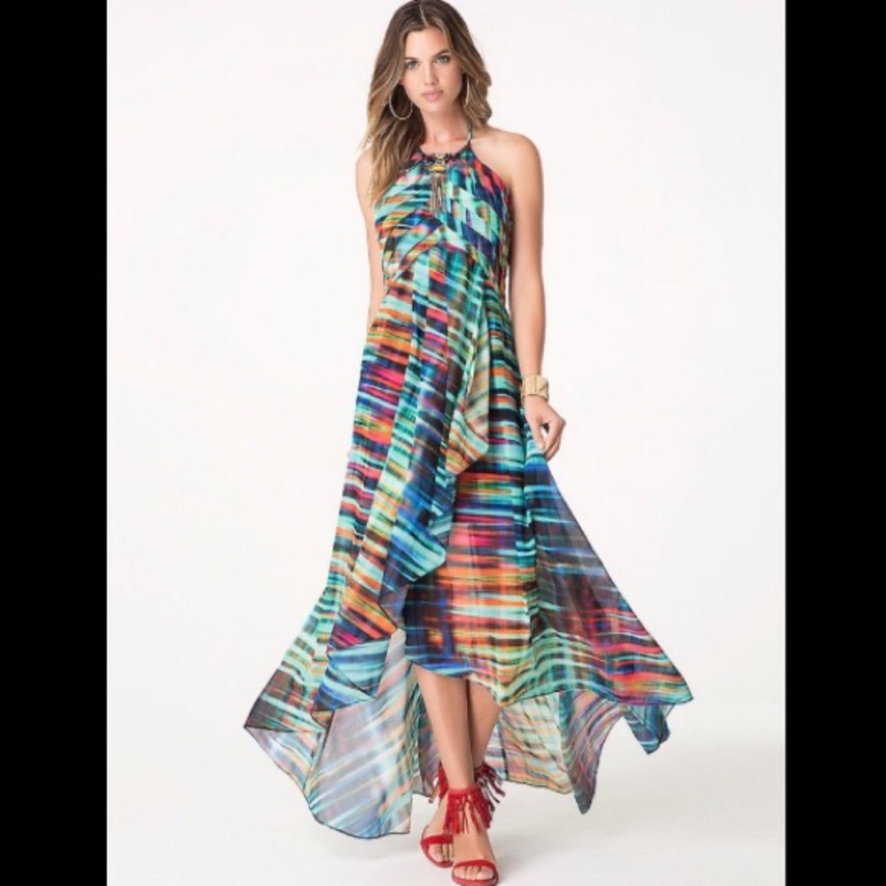 Bebe Multi Color Chiffon Halter Dress (Rainforest Print)
